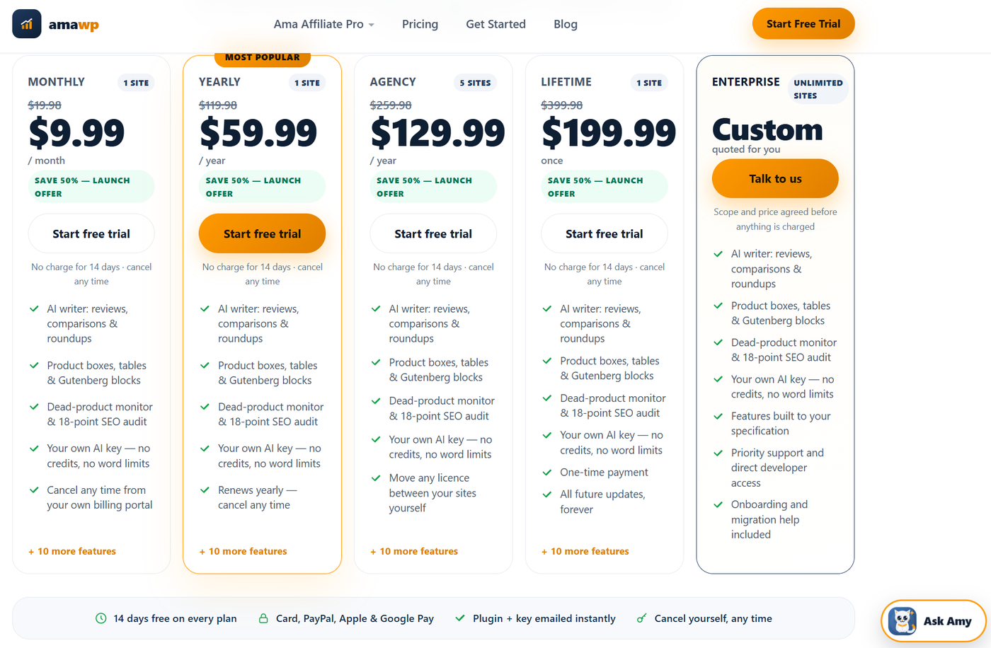 The pricing page with the Ask Amy support chat bubble at bottom right and the trust bar listing 14 days free, payment methods, instant delivery and self-service cancellation