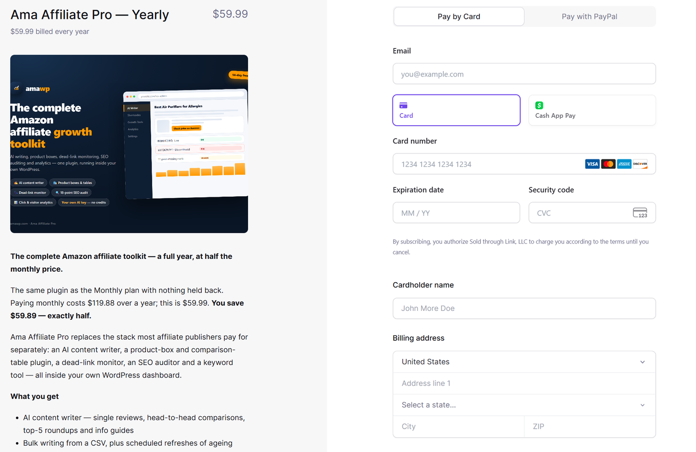 The Lemon Squeezy checkout page for Ama Affiliate Pro Yearly, with the plan summary on the left and the email, card, cardholder name and billing address fields on the right