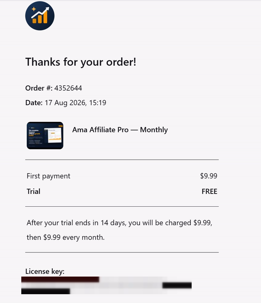Order confirmation reading Thanks for your order, showing the order number, date, Ama Affiliate Pro Monthly, a first payment of 9.99 dollars, a free trial, and the licence key with the key itself blurred out