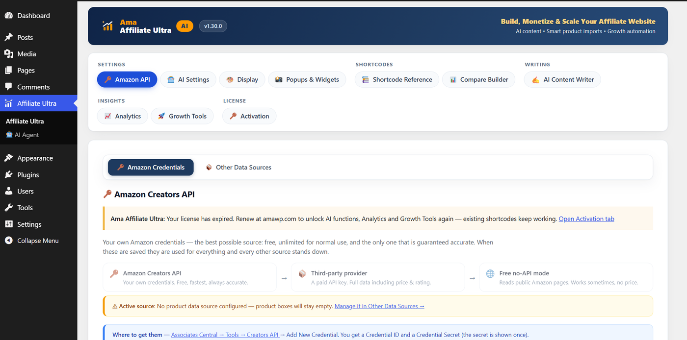 The Ama Affiliate Ultra dashboard after activation, showing the tab groups Settings, Shortcodes, Writing, Insights and License, with an AI Agent item in the WordPress sidebar