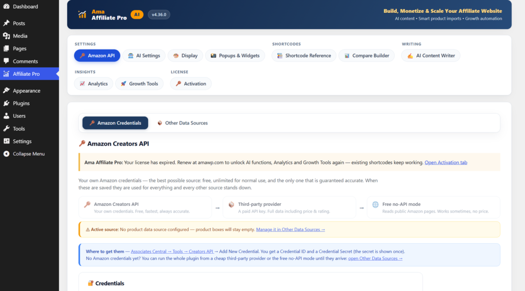 The Ama Affiliate Pro settings screen in wp-admin showing the Settings, Shortcodes, Writing, Insights and License tab groups