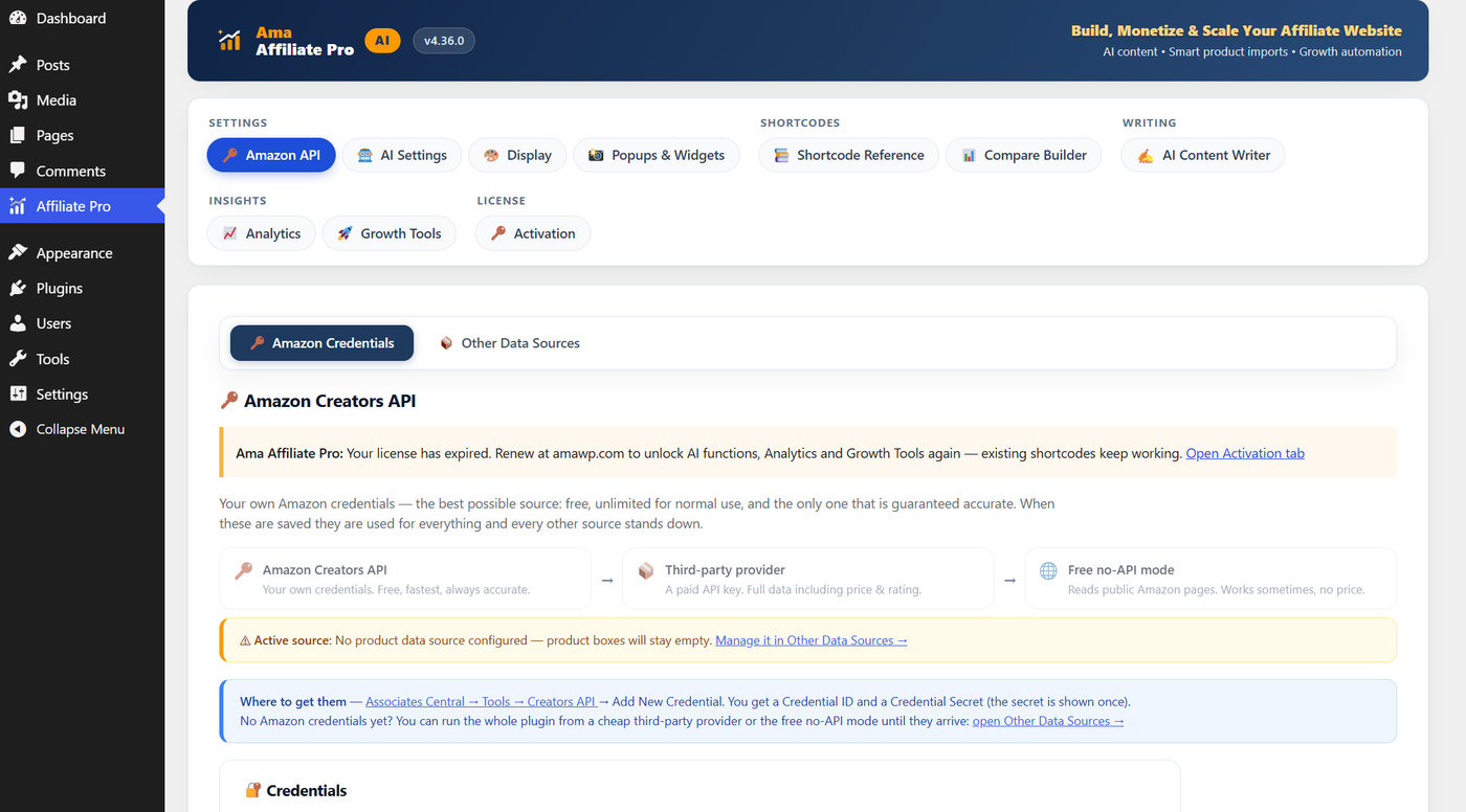 The Ama Affiliate Pro dashboard after activation, identical to Ultra except that the sidebar has no AI Agent entry