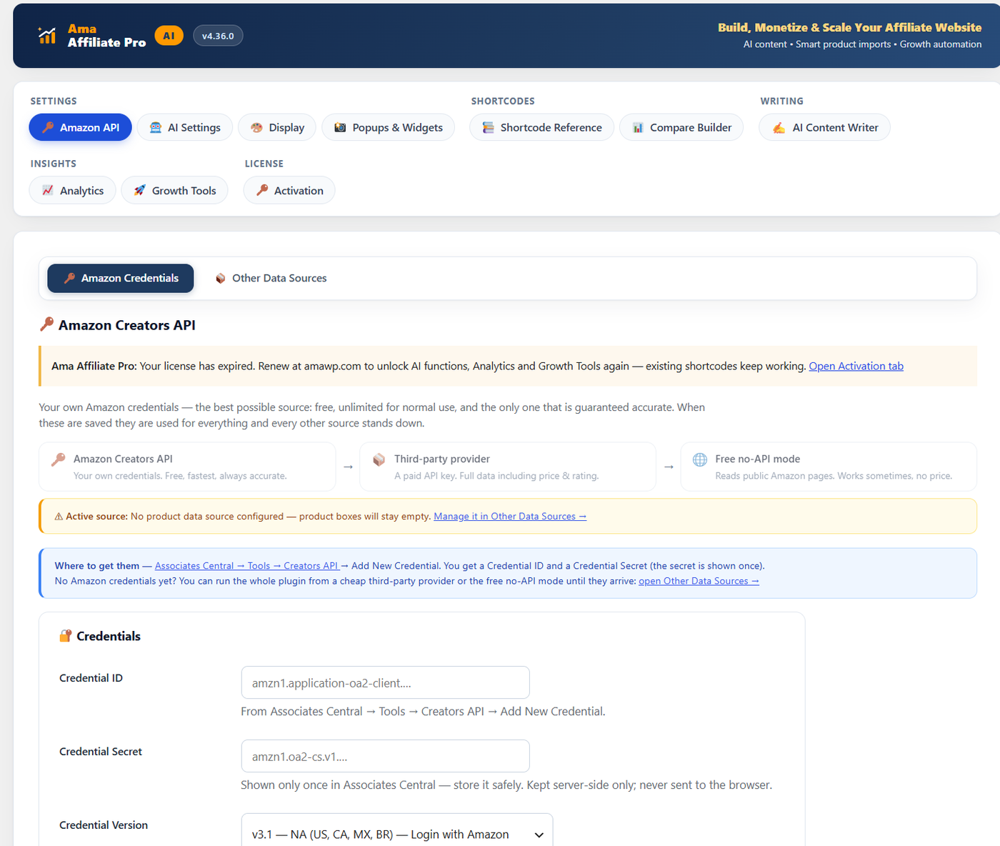 The Amazon API tab showing the Amazon Credentials and Other Data Sources sub-tabs, the three-source waterfall, an active-source warning, and the credential ID, credential secret and credential version fields