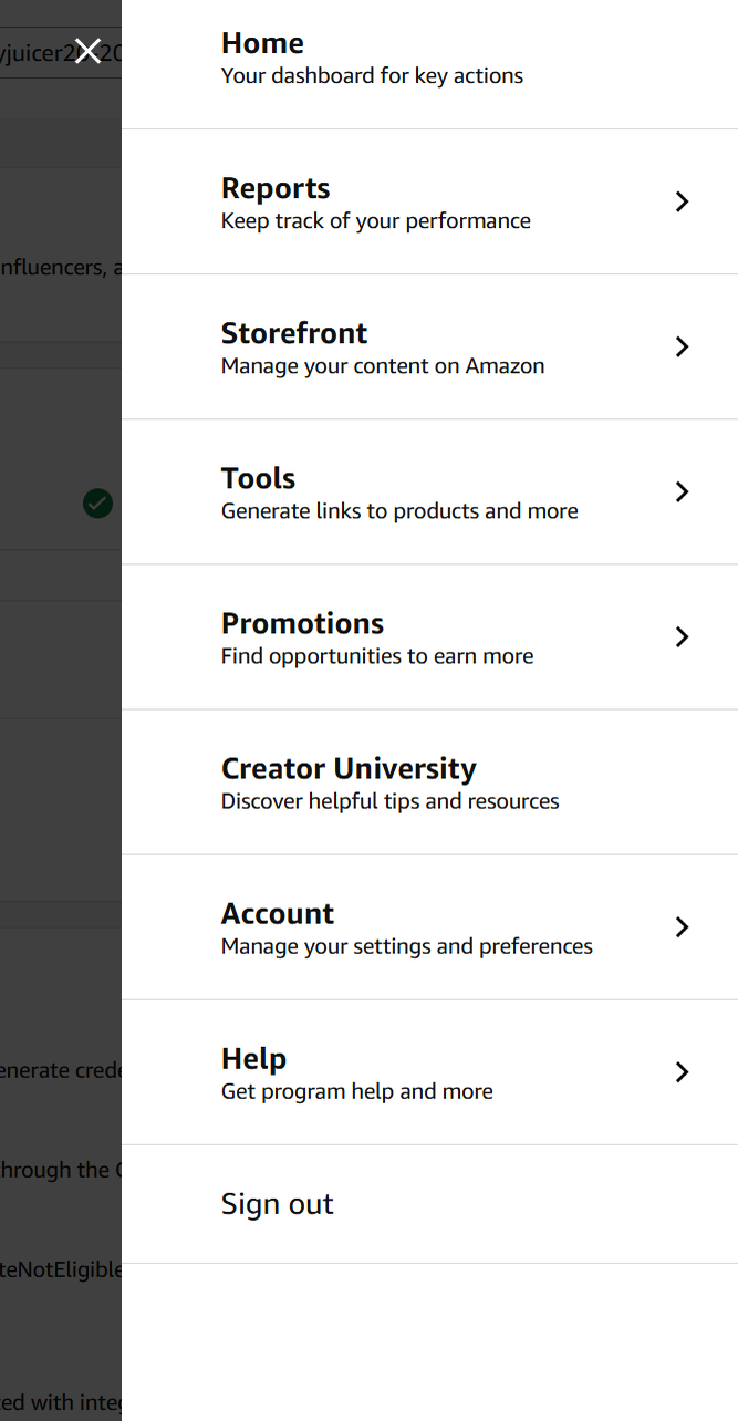 The Amazon Associates Central main menu with Home, Reports, Storefront, Tools, Promotions, Creator University, Account and Help