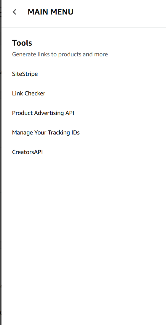The Tools submenu listing SiteStripe, Link Checker, Product Advertising API, Manage Your Tracking IDs and CreatorsAPI, with an arrow pointing at CreatorsAPI