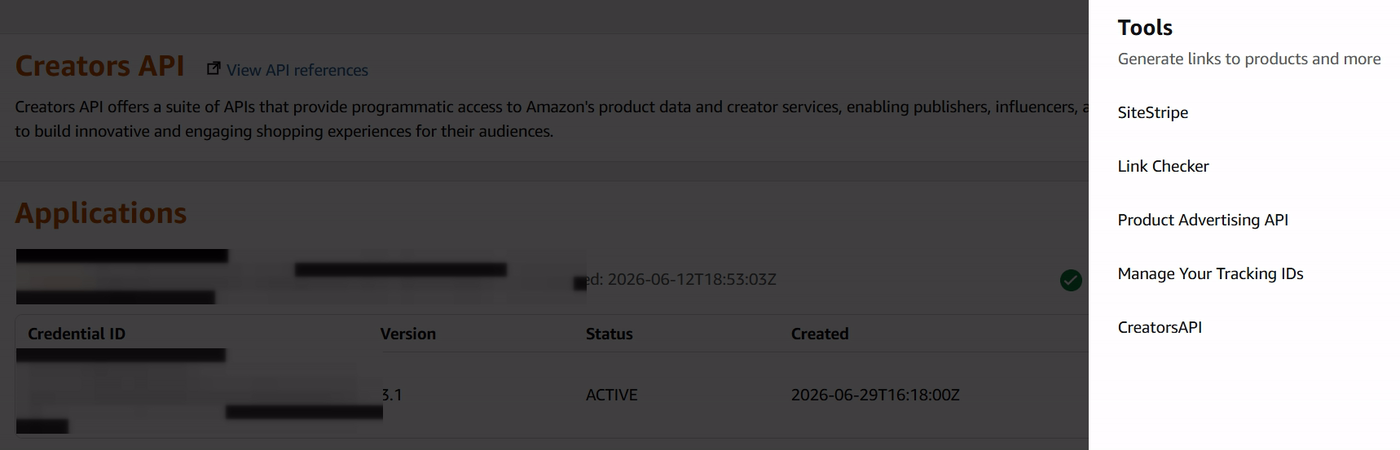 The Amazon Creators API Applications table showing a credential with its version 3.1, status ACTIVE and creation date, with the application name and credential ID blurred out