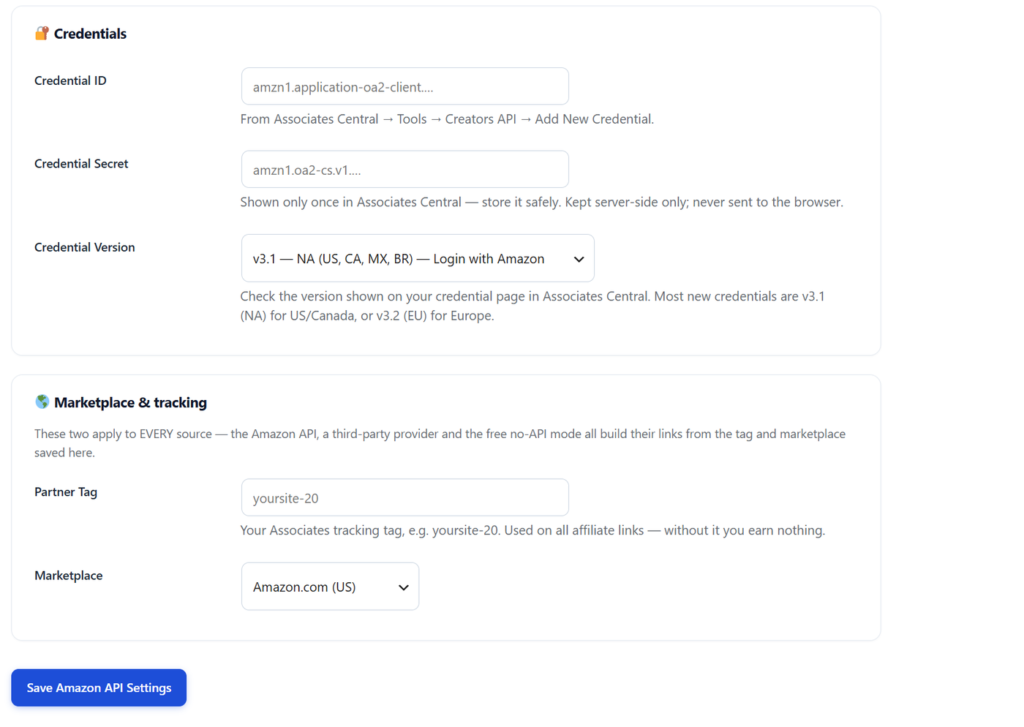 The Ama Affiliate Pro credential fields for Credential ID, Credential Secret, API version, partner tag and marketplace