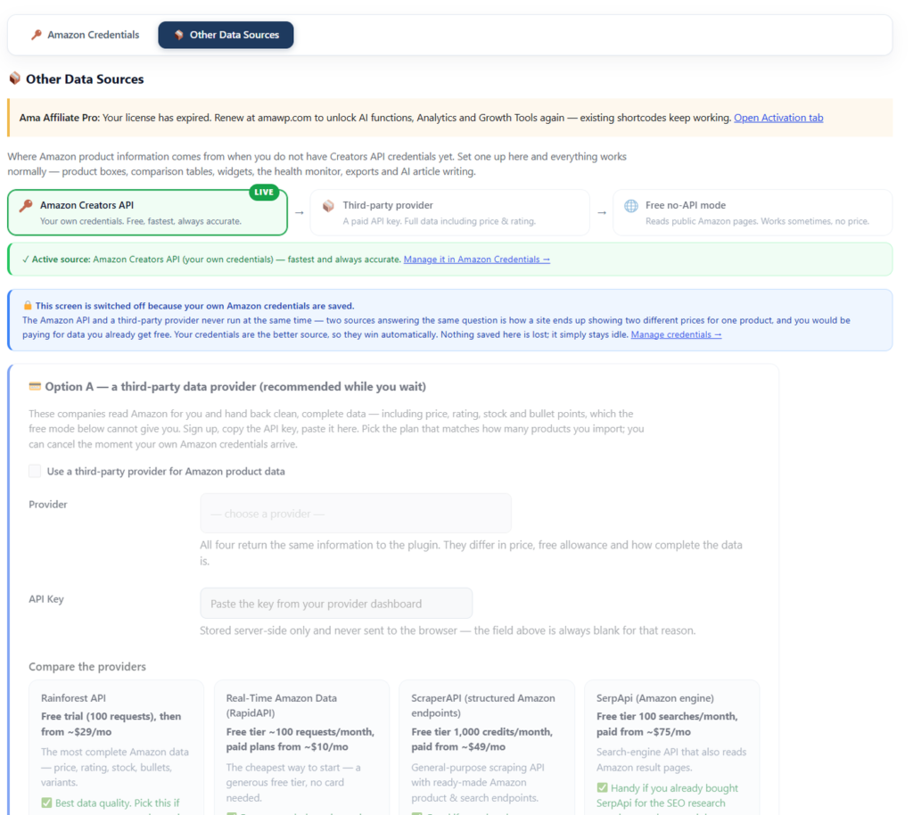 The Other Data Sources sub-tab in Ama Affiliate Pro offering third-party providers and free no-API mode