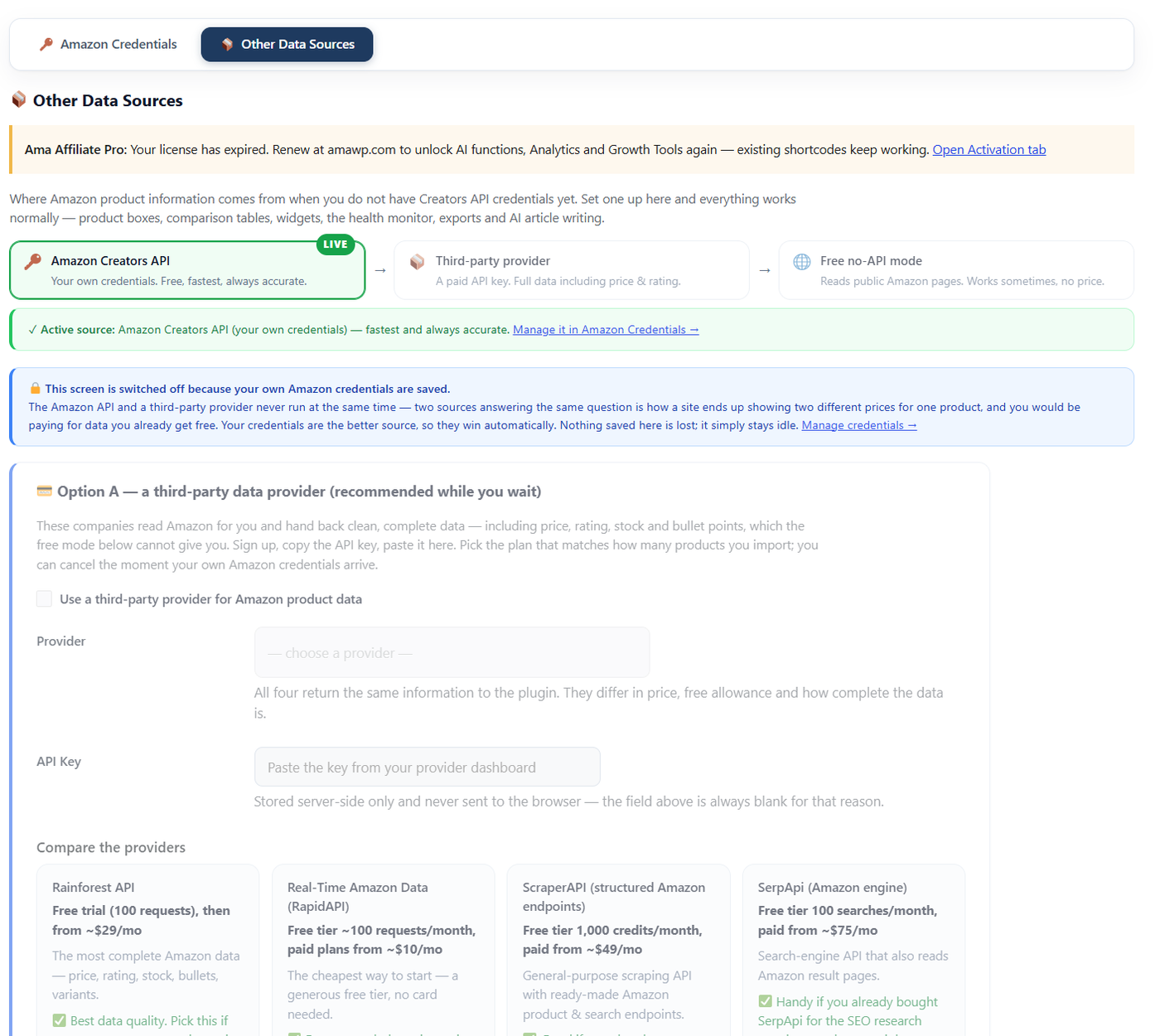 The Other Data Sources sub-tab with Amazon Creators API marked LIVE, the screen switched off because credentials are saved, and a provider comparison of Rainforest API, Real-Time Amazon Data, ScraperAPI and SerpApi