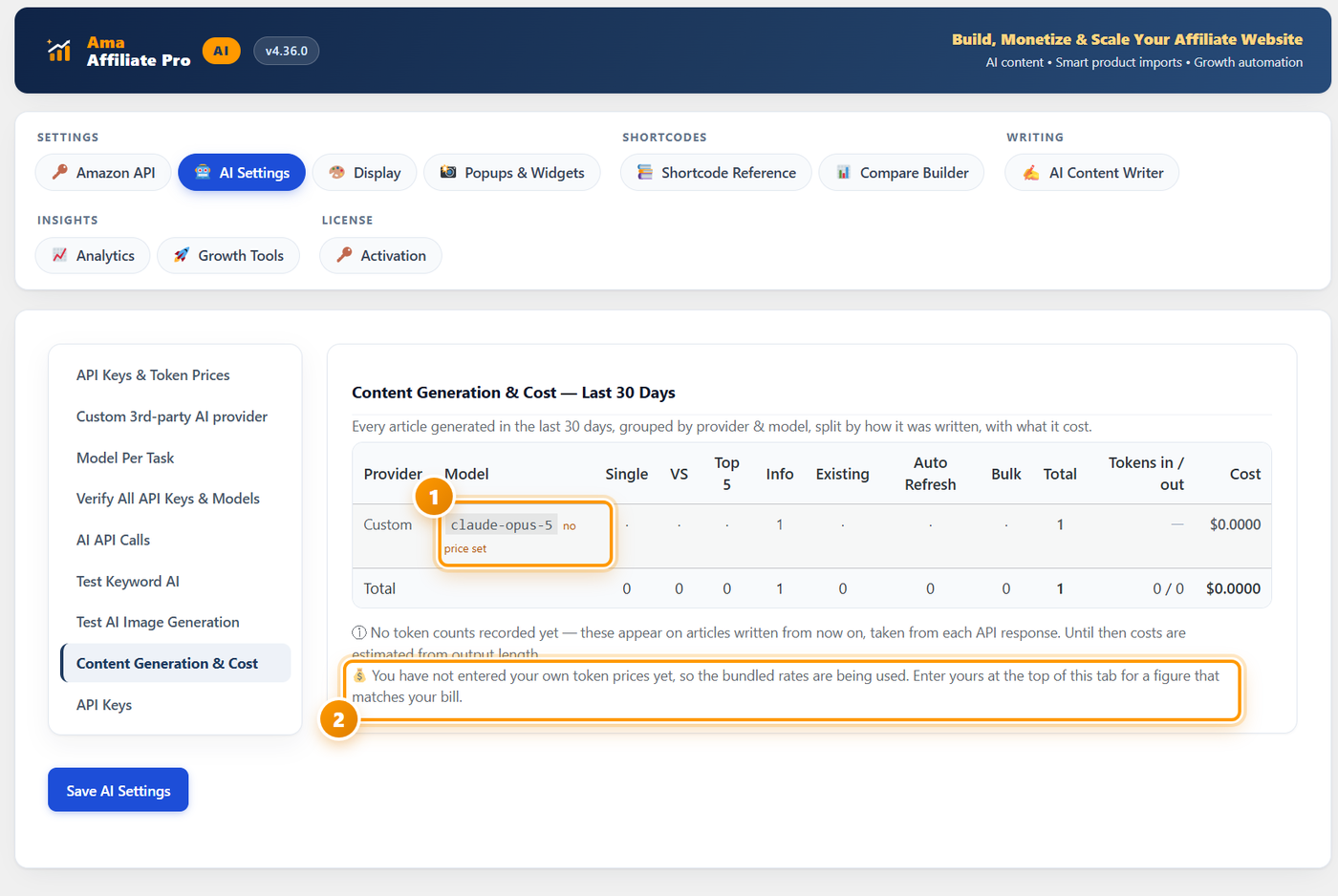 The Content Generation and Cost report with no token prices saved, showing a no prices set badge on the model and a notice that bundled rates are being used