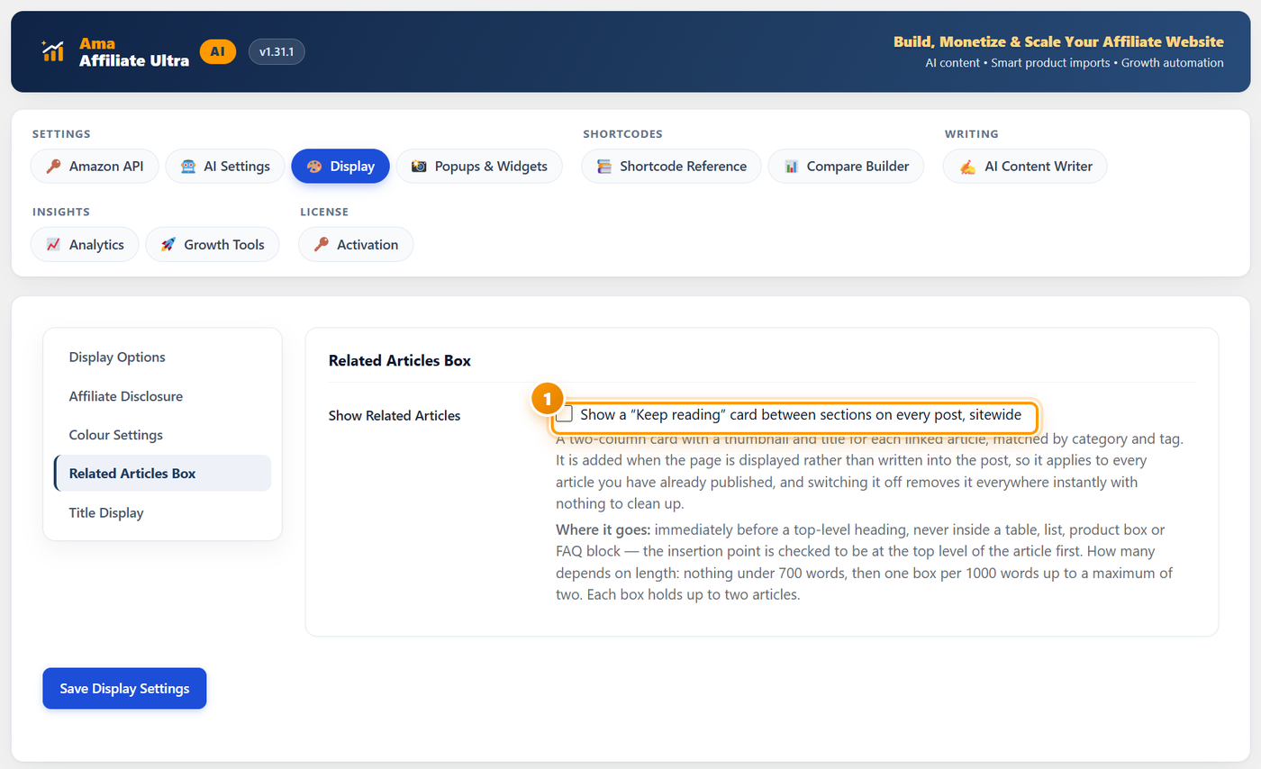 The Related Articles Box screen with a marker on the show related articles checkbox, and an explanation of where the card is inserted