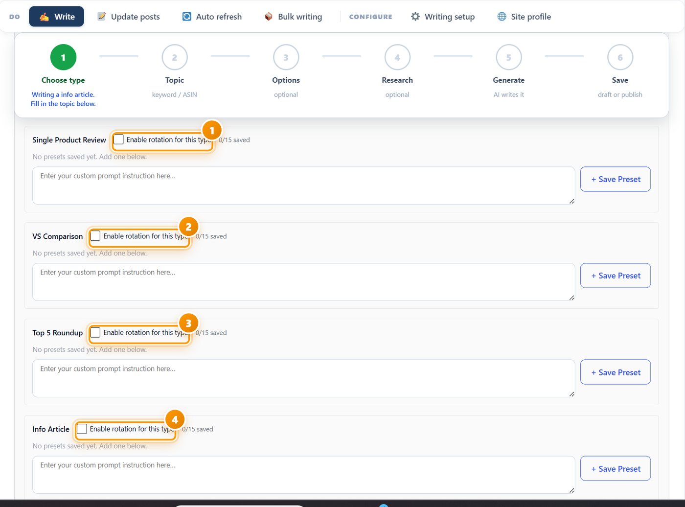 The four preset blocks, one for each content type, each with its own enable rotation checkbox and counter