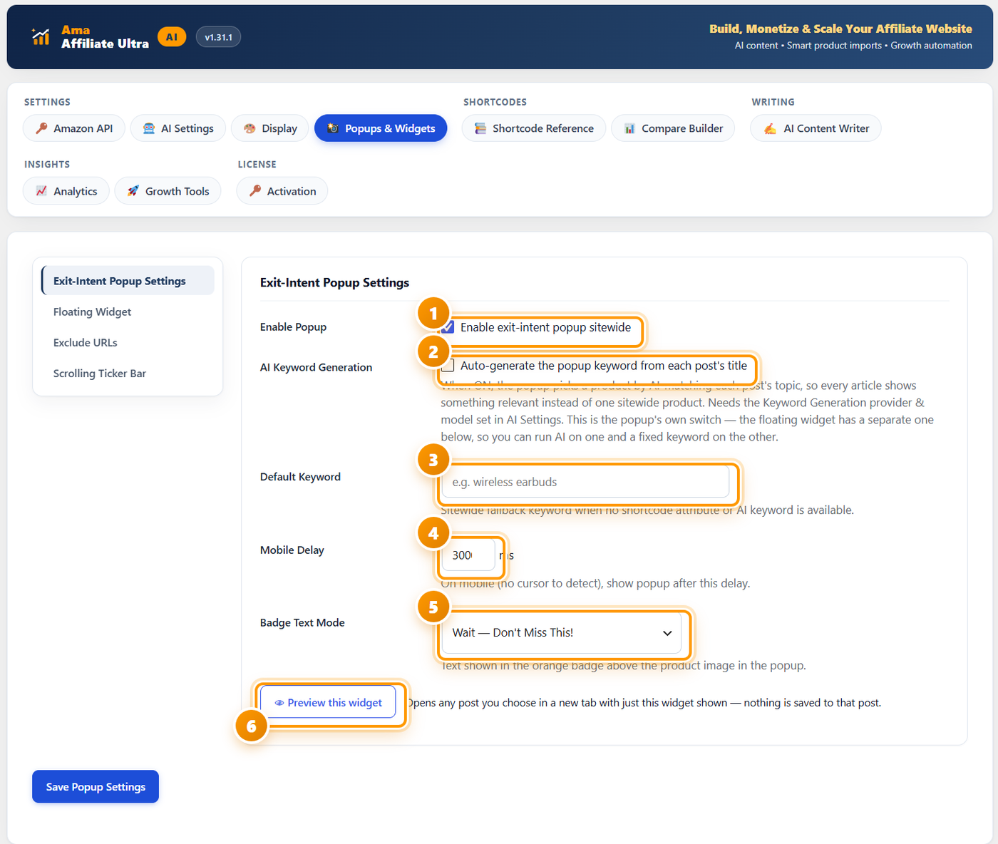The exit-intent popup settings with markers on the enable checkbox, AI keyword generation, default keyword, mobile delay, badge text mode and the preview button