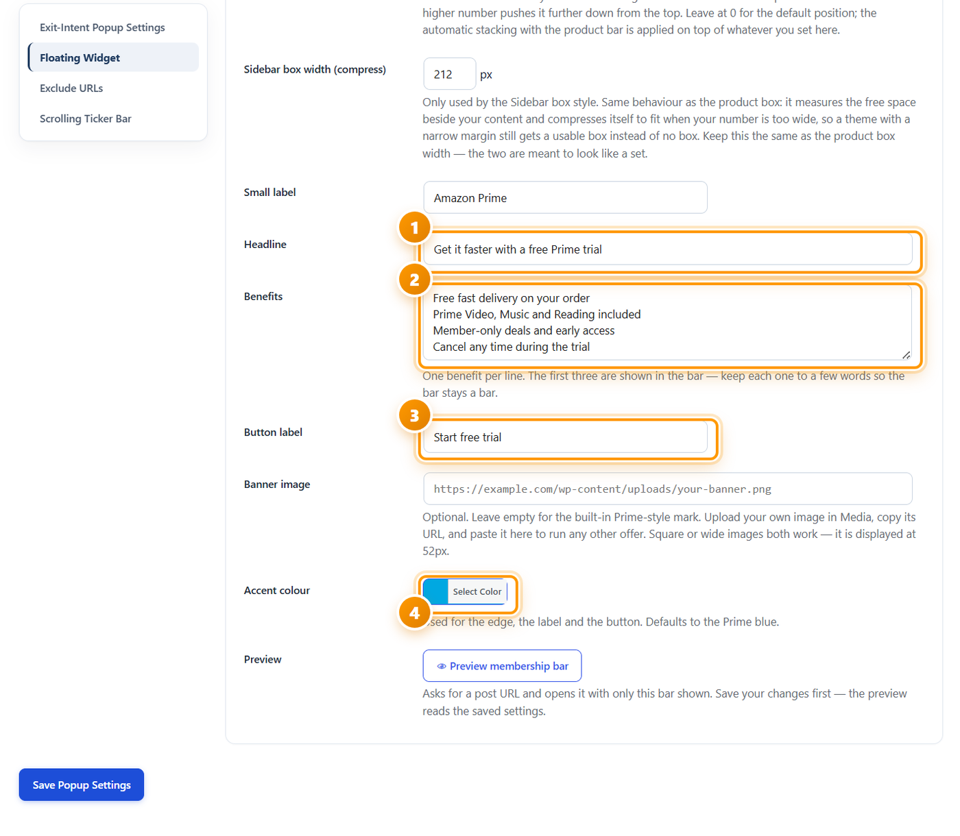 The second bar content fields with markers on the headline, benefits list, button label and accent colour